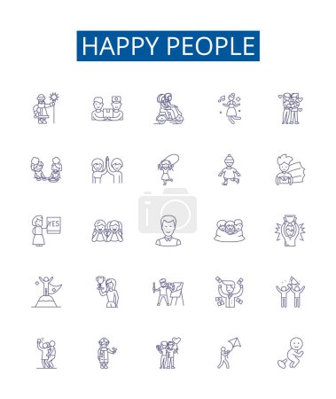 Illustration for Happy people line icons signs set. Design collection of Cheerful, Joyful, Grinning, Content, Gleeful, Carefree, Mirthful, Blissful outline vector concept illustrations - Royalty Free Image