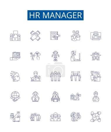 Illustration for Hr manager line icons signs set. Design collection of HR, Manager, Human, Resources, Recruiting, Hiring, Training, Retention outline vector concept illustrations - Royalty Free Image