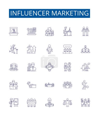 Illustration for Influencer marketing line icons signs set. Design collection of Influencers, Marketing, Social, Media, Content, Platforms, Engagement, Strategy outline vector concept illustrations - Royalty Free Image