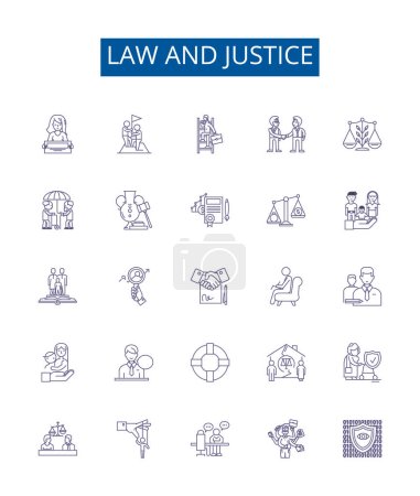 Illustration for Law and justice line icons signs set. Design collection of Law, Justice, Jurisprudence, Legislation, Legal, Statutory, Precedent, Righteousness outline vector concept illustrations - Royalty Free Image