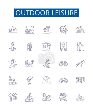 Illustration for Outdoor leisure line icons signs set. Design collection of Camping, Hiking, Fishing, Kayaking, Biking, Swimming, Boating, Climbing outline vector concept illustrations - Royalty Free Image