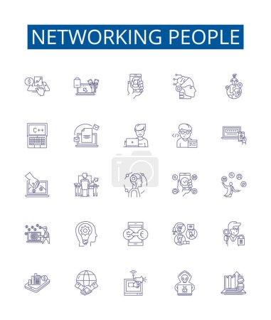 Illustration for Networking people line icons signs set. Design collection of Networking, people, connections, linkages, associates, colleagues, befriending, networking events outline vector concept illustrations - Royalty Free Image