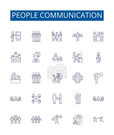 Illustration for People communication line icons signs set. Design collection of Dialog, Chatting, Conversing, Networking, Corresponding, Phoning, Interacting, Messaging outline vector concept illustrations - Royalty Free Image