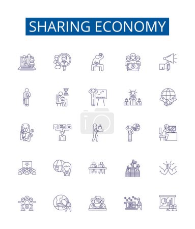 Illustration for Sharing economy line icons signs set. Design collection of Collaborative, Bartering, Exchange, Platforms, Networking, Connecting, Carsharing, Homesharing outline vector concept illustrations - Royalty Free Image