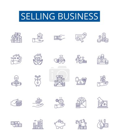 Illustration for Selling business line icons signs set. Design collection of Vending, Merchandising, Trading, Brokering, Marketing, Promoting, Auctioning, Retailing outline vector concept illustrations - Royalty Free Image