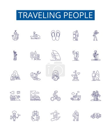 Illustration for Traveling people line icons signs set. Design collection of Travellers, Voyagers, explorers, globetrotters, wanderers, vagabonds, wayfarers, nomads outline vector concept illustrations - Royalty Free Image