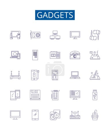 Ilustración de Gadgets línea iconos signos establecidos. Diseño de la colección de dispositivos, electrónica, electrodomésticos, herramientas, tecnología, juguetes, iPhones, computadoras esbozan ilustraciones concepto vectorial - Imagen libre de derechos