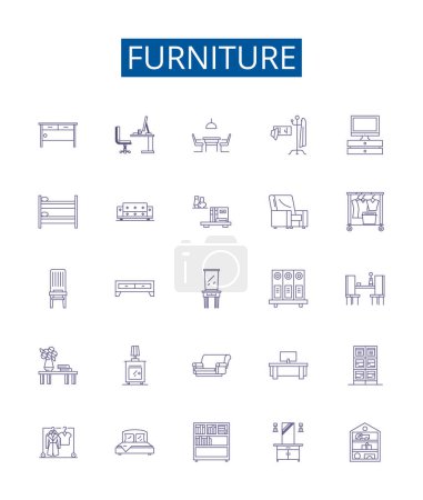 Illustration for Furniture line icons signs set. Design collection of Chair, Table, Desk, Couch, Sofa, Bed, Unit, Ottoman outline vector concept illustrations - Royalty Free Image