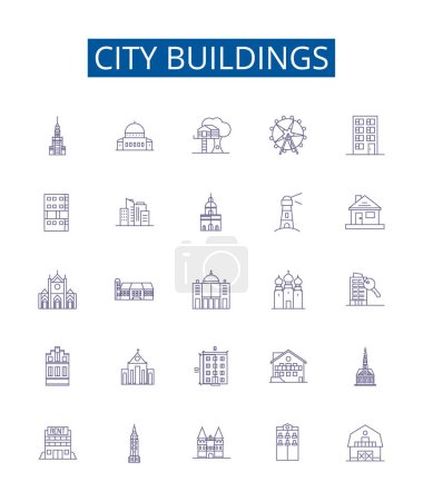Illustration for City buildings line icons signs set. Design collection of Skyscrapers, Towers, Complexes, Structures, Homes, Apartment, Townhouses, Skyline outline vector concept illustrations - Royalty Free Image