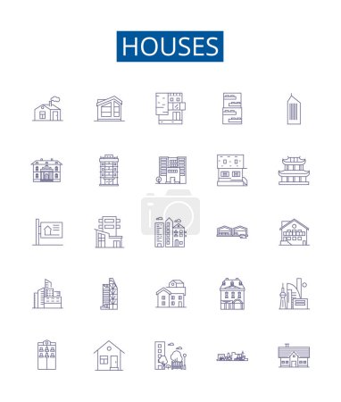 Illustration for Houses line icons signs set. Design collection of Home, Abode, Mansion, Residence, Cottage, Hut, Dwelling, Lodge outline vector concept illustrations - Royalty Free Image