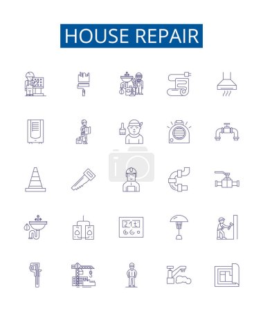 House repair line icons signs set. Design collection of Housekeeping, Plumbing, Painting, Tiling, Carpentry, Roofing, Caulking, Insulation outline vector concept illustrations