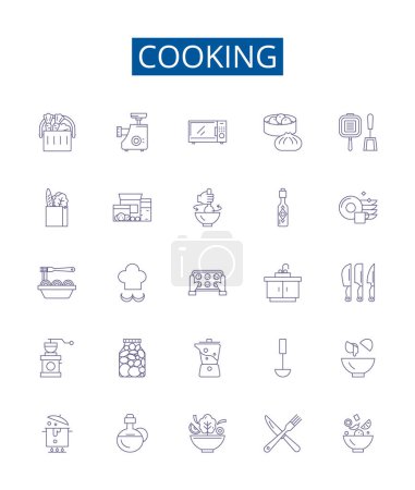 Illustration for Cooking line icons signs set. Design collection of Cuisine, Recipes, Baking, Simmering, Frying, Boiling, Grilling, Roasting outline vector concept illustrations - Royalty Free Image