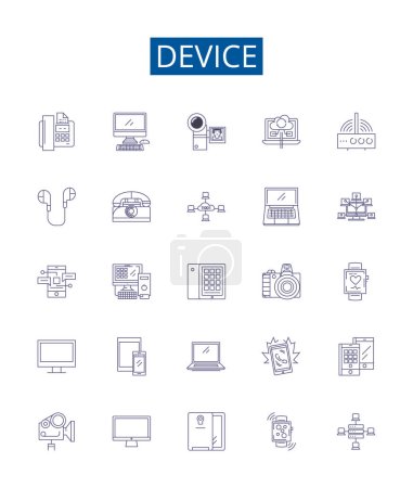 Illustration for Device line icons signs set. Design collection of Device, Gadget, Tool, Equipment, Implement, Gizmo, Contraption, Mechanism outline vector concept illustrations - Royalty Free Image