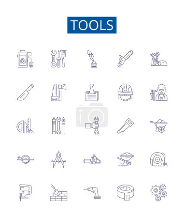 Illustration for Tools line icons signs set. Design collection of Spanner, Wrench, Hammer, Pliers, Drill, Saw, Screwdriver, Ruler outline vector concept illustrations - Royalty Free Image