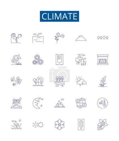 Illustration for Climate line icons signs set. Design collection of Weather, Temperature, Clouds, Humidity, Climate, Rainfall, Climate change, Wind outline vector concept illustrations - Royalty Free Image