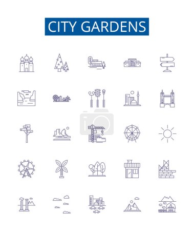 Illustration for City gardens line icons signs set. Design collection of Urban, Park, Green, Plaza, Vegetation, Lawns, Paths, Walkways outline vector concept illustrations - Royalty Free Image