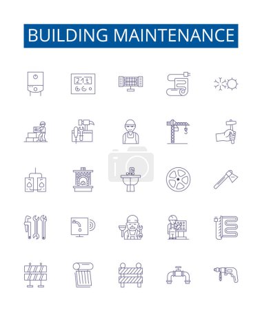 Illustration for Building maintenance line icons signs set. Design collection of Repair, Cleaning, Painting, Gardening, Mowing, Inspection, Testing, Replacement outline vector concept illustrations - Royalty Free Image