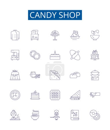 Illustration for Candy shop line icons signs set. Design collection of Candy, Shop, Sweet, Sugary, Treats, Confection, Interdict, Sprinkles outline vector concept illustrations - Royalty Free Image