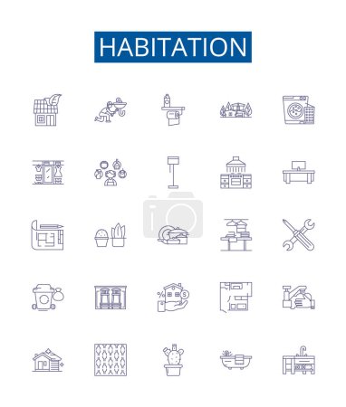 Illustration for Habitation line icons signs set. Design collection of Accommodation, Residency, Dwelling, Dwell, Home, Homestead, Tenancy, Habitation outline vector concept illustrations - Royalty Free Image
