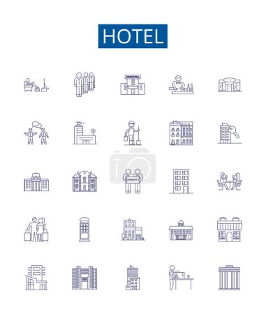 Illustration for Hotel line icons signs set. Design collection of Hotel, Accommodation, Lodging, Resort, Inn, Suites, Booking, Vacation outline vector concept illustrations - Royalty Free Image