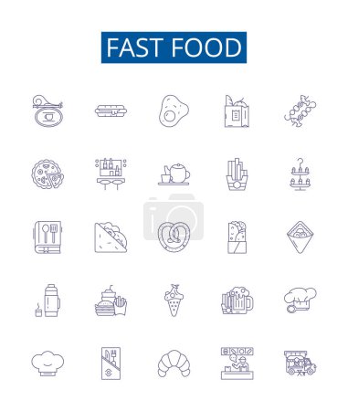 Illustration for Fast food line icons signs set. Design collection of Burger, Taco, Fries, Pizza, Kebab, Sandwich, Hotdog, Takeaway outline vector concept illustrations - Royalty Free Image