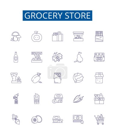 Illustration for Grocery store line icons signs set. Design collection of Grocery, Store, Supermarket, Provisions, Fruits, Vegetables, Dairy, Meat outline vector concept illustrations - Royalty Free Image