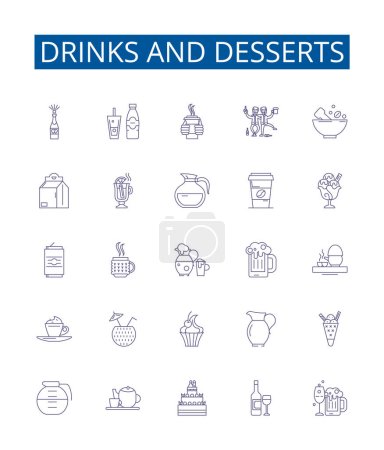 Illustration for Drinks and desserts line icons signs set. Design collection of Cocktails, Beverages, Juices, Smoothies, Beer, Wine, Soup, Pasta outline vector concept illustrations - Royalty Free Image