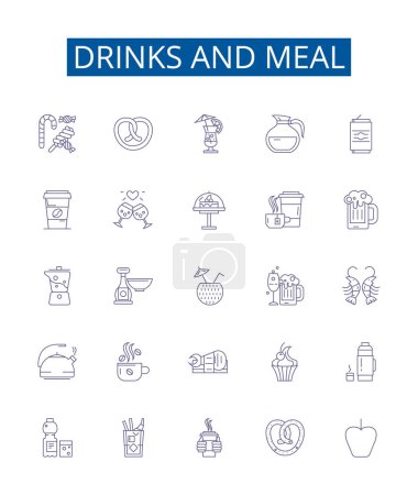 Illustration for Drinks and meal line icons signs set. Design collection of Beverages, Food, Dining, Soda, Beer, Cuisine, Juice, Cocktails outline vector concept illustrations - Royalty Free Image