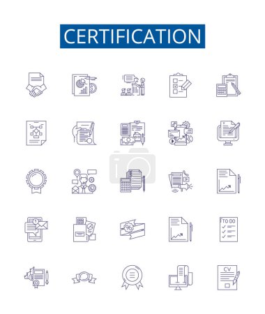 Illustration for Certification line icons signs set. Design collection of Certificate, Credential, Licensed, Qualified, Approved, Accredited, Endorsed, Affirmed outline vector concept illustrations - Royalty Free Image