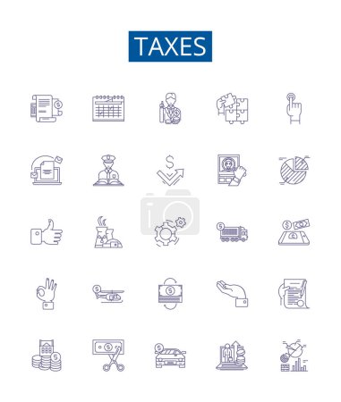 Illustration for Taxes line icons signs set. Design collection of Levy, Duty, Tariff, Excise, Deduction, Withholding, Collection, Revenue outline vector concept illustrations - Royalty Free Image