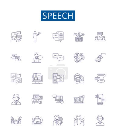 Illustration for Speech line icons signs set. Design collection of Speech, Oral, Address, Oratory, Talk, Lecture, Monologue, Discourse outline vector concept illustrations - Royalty Free Image