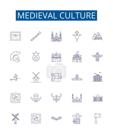 Illustration for Medieval culture line icons signs set. Design collection of Knights, Chivalry, Feudalism, Monarchy, Heraldry, Castles, Courts, Religion outline vector concept illustrations - Royalty Free Image