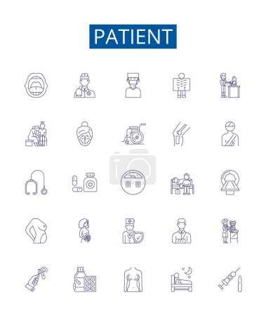 Ilustración de Signos de iconos de línea de paciente listos. Diseño de la colección de paciente, Cuidador, Hipocondríaco, Enfermo crónico, postrado en cama, Clínico, Prone, Recuperación esbozar ilustraciones concepto vectorial - Imagen libre de derechos