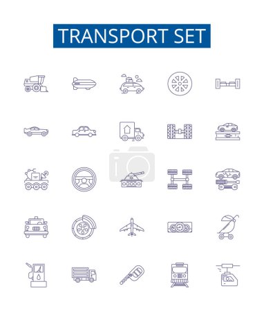 Illustration for Transport set line icons signs set. Design collection of Vehicles, Planes, Boats, Trains, Buses, Coaches, Vans, Taxis outline vector concept illustrations - Royalty Free Image
