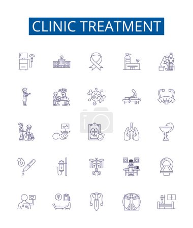 Illustration for Clinic treatment line icons signs set. Design collection of Clinic, treatment, health, care, physician, consultation, surgery, therapy outline vector concept illustrations - Royalty Free Image
