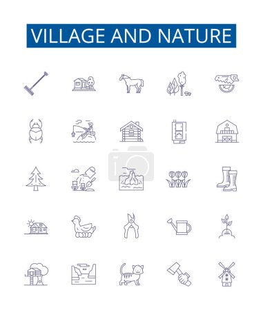 Illustration for Village and nature line icons signs set. Design collection of Village, Nature, Rural, Lands, Countryside, Outdoors, Forests, Hills outline vector concept illustrations - Royalty Free Image