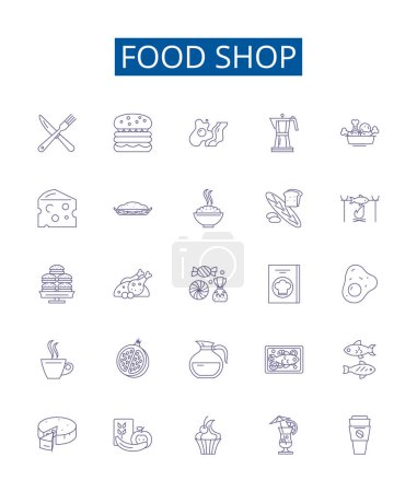 Illustration for Food shop line icons signs set. Design collection of Takeaway, Delicatessen, Pantry, Grocery, Bistro, Restaurant, Diner, Eatery outline vector concept illustrations - Royalty Free Image