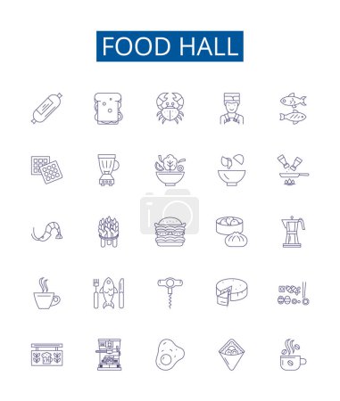 Food hall line icons signs set. Design collection of Cafeteria, Delicatessen, Restaurant, Bistro, Eatery, Stall, Cuisine, Deli outline vector concept illustrations