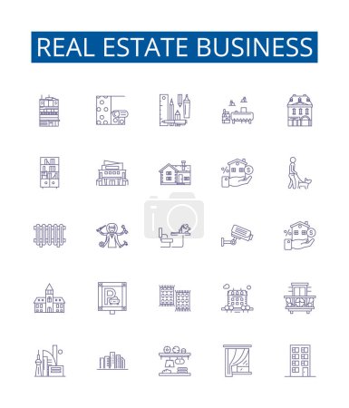 Illustration for Real estate business line icons signs set. Design collection of Property, Investment, Brokerage, Leasing, Landlord, Renting, Realtor, Mortgage outline vector concept illustrations - Royalty Free Image