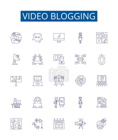 Illustration for Video blogging line icons signs set. Design collection of Vlogging, Video blogging, Videoblogging, Videocasting, Vlogs, Vloggers, Video podcasting, Vodcasting outline vector concept illustrations - Royalty Free Image