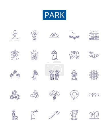 Illustration for Park line icons signs set. Design collection of Park, Parkland, Amusement, Recreation, Forest, Nature, Trails, Picnic outline vector concept illustrations - Royalty Free Image