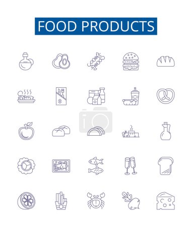 Illustration for Food products line icons signs set. Design collection of Produce, Meat, Dairy, Groceries, Canned, Frozen, Baked, Confectionery outline vector concept illustrations - Royalty Free Image