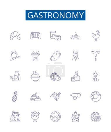 Illustration for Gastronomy line icons signs set. Design collection of Cooking, Dining, Cuisine, Eating, Banquets, Recipes, Gourmand, Degustation outline vector concept illustrations - Royalty Free Image