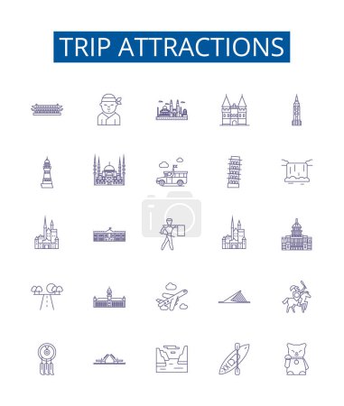 Illustration for Trip attractions line icons signs set. Design collection of Tourist, Sightseeing, Local, Adventure, Beaches, Culture, Monuments, Cathedrals outline vector concept illustrations - Royalty Free Image