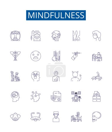 Illustration for Mindfulness line icons signs set. Design collection of Awareness, Concentration, Acceptance, Calm, Contemplation, Focus, Introspection, Non judgment outline vector concept illustrations - Royalty Free Image