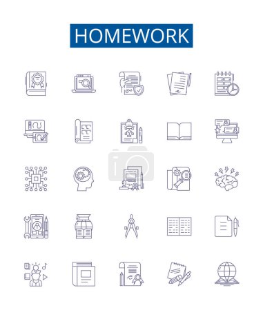 Illustration for Homework line icons signs set. Design collection of Studies, Assignments, Exercises, Tasks, Projects, Drills, Quizzes, Requirements outline vector concept illustrations - Royalty Free Image