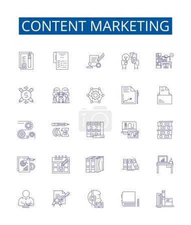 Illustration for Content marketing line icons signs set. Design collection of Content, Marketing, Strategy, Distribution, Audience, Writing, SEO, Social outline vector concept illustrations - Royalty Free Image