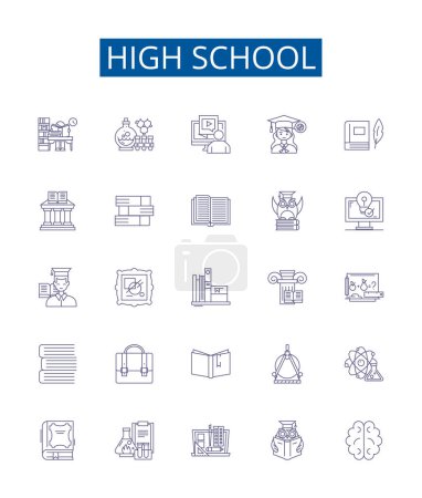 Illustration for High school line icons signs set. Design collection of Education, Academy, School, Learning, Secondary, Diploma, Classroom, Teenagers outline vector concept illustrations - Royalty Free Image