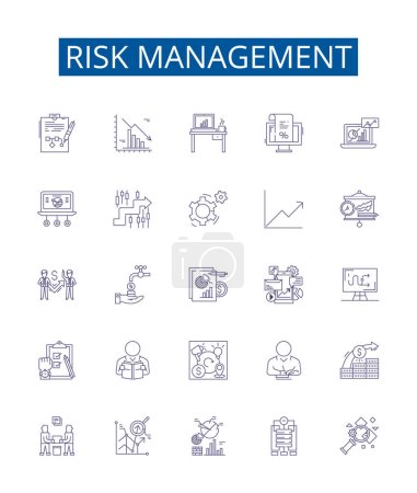 Symbole für die Risikomanagementlinie gesetzt. Designsammlung von Risiko-, Management-, Planungs-, Analyse-, Beurteilungs-, Schadensminderungs-, Evaluierungs-, Kontrollskizzenvektorkonzeptabbildungen