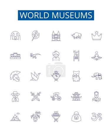 Illustration for World museums line icons signs set. Design collection of Museums, World, Global, Cultural, Art, History, Archaeology, Science outline vector concept illustrations - Royalty Free Image